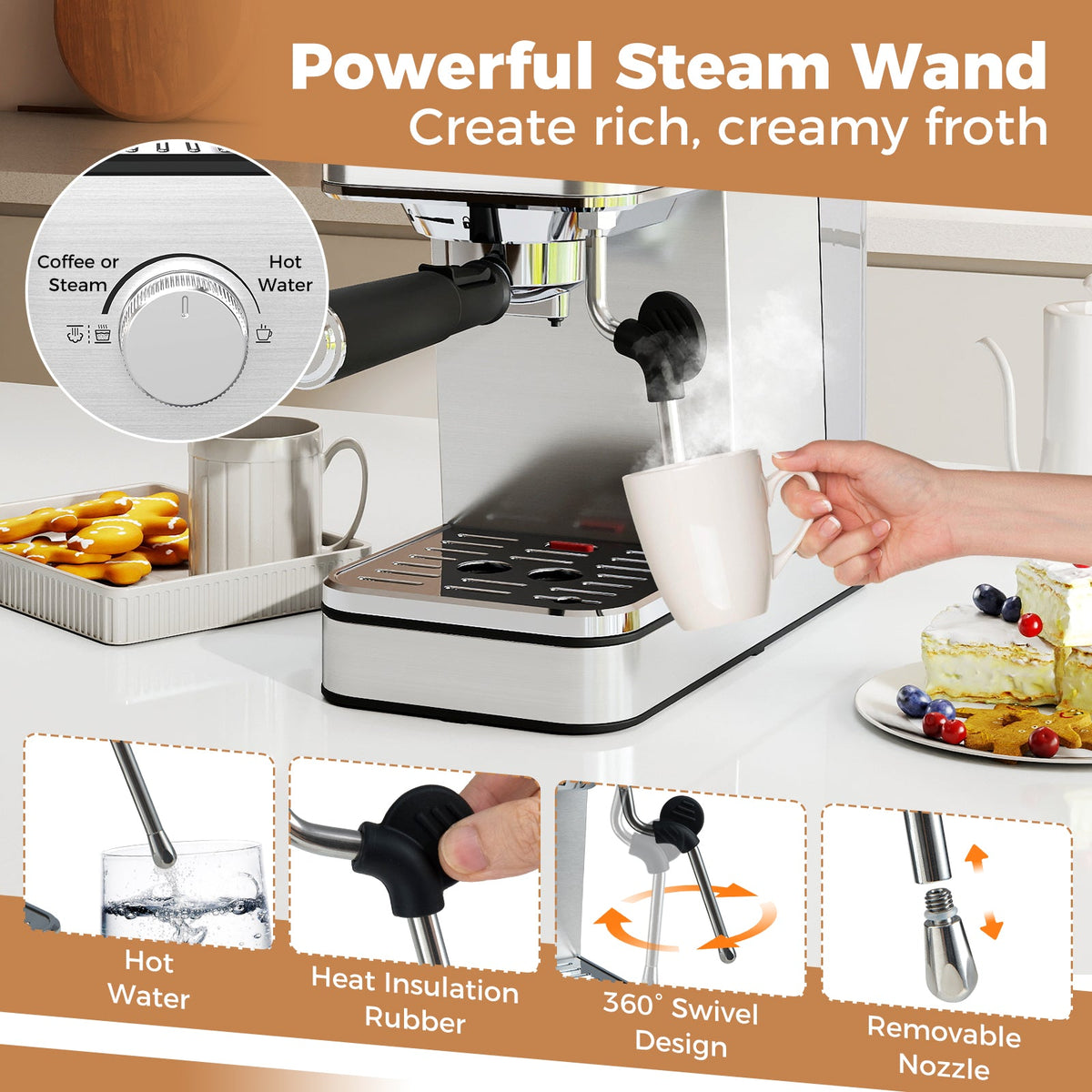 Veyro Espresso Machine 20 Bar – Stainless Steel with Milk Frother