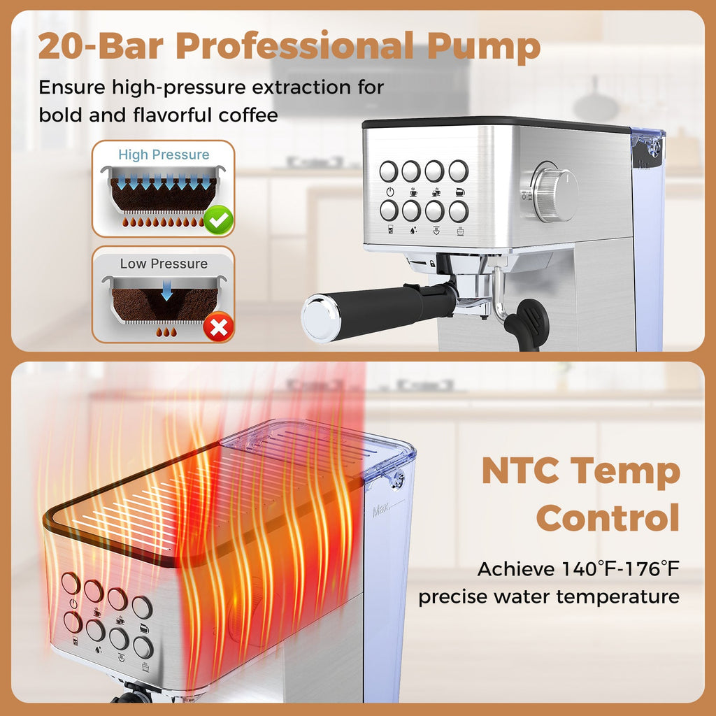 Máquina de café espresso Veyro de 20 bares – Acero inoxidable con espumador de leche