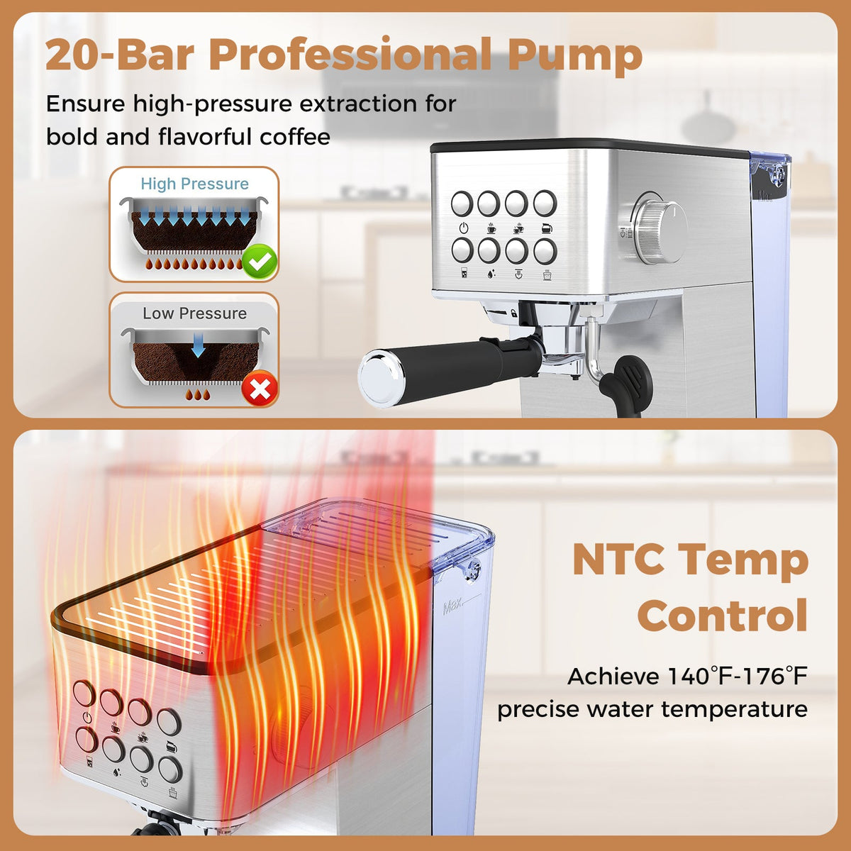 Veyro Espresso Machine 20 Bar – Stainless Steel with Milk Frother